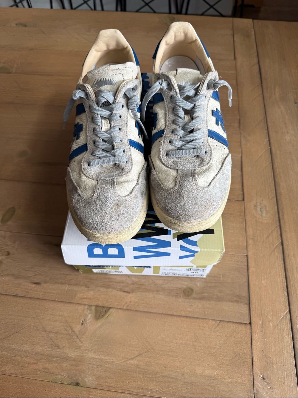 Premiata Cream and Blue Suede Low-Top Sneakers